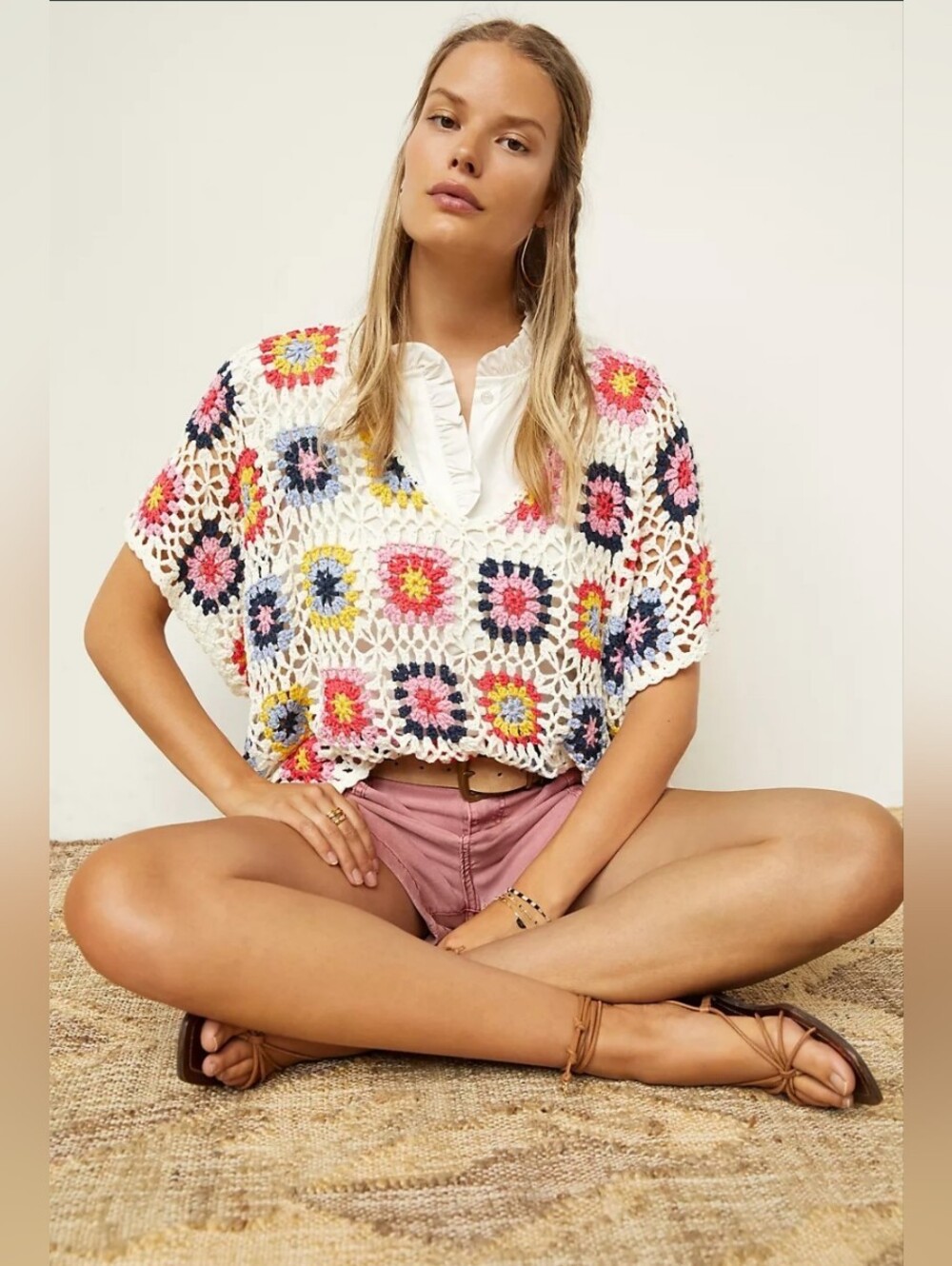 Anthropologie Colorblocked Crochet Poncho Cropped Top